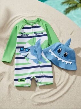 Tommy Bahama Baby Shark Stripe Swim Set with Hat Size 6/12 or 12/18 NWT
